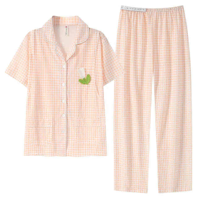 莫代尔 韩版轻盈透气个性大方翻领开衫宽松显瘦休闲简约时尚百搭短袖长裤不易起球家居服月子服睡衣套装 女款