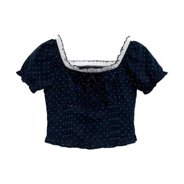 米米子 像素甜心甜美波点网纱方领拼接显白小上衣短袖衬衫 女款