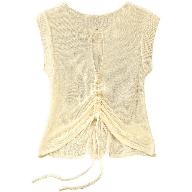 丝柏舍 镂空纯色修身短款抽绳设计薄款圆领短袖针织衫 女款