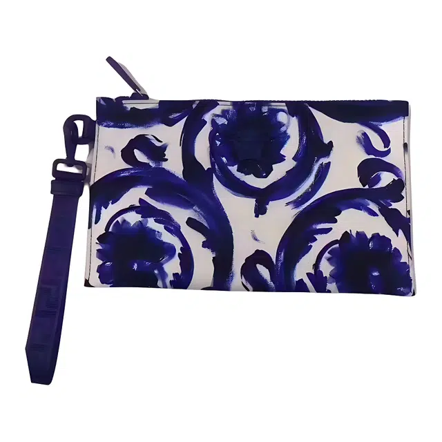 范思哲 花卉系列金属硬件 尼龙 手拿包 大号 男款 白色拼蓝色