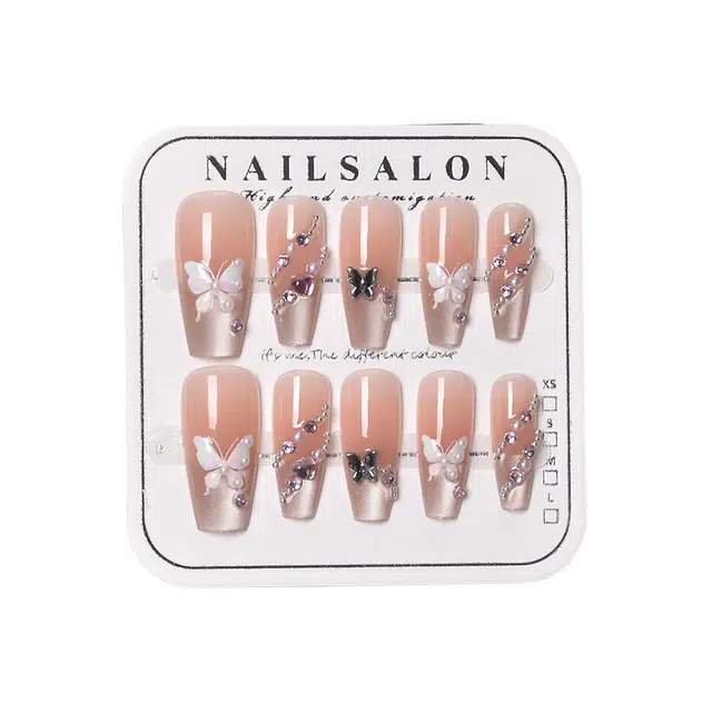 柚予颜 蝴蝶穿戴甲猫眼长款法式镶钻指甲高级感美甲  梯型裸色晕染 纯欲