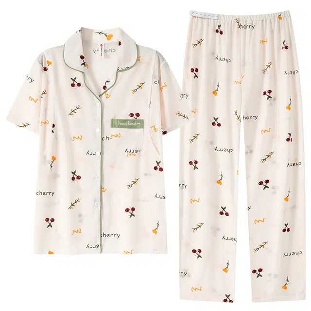 莫代尔 慵懒个性轻盈透气百搭翻领开衫韩版简洁舒适柔软亲肤细腻短袖长裤不易起球家居服月子服睡衣套装 女款