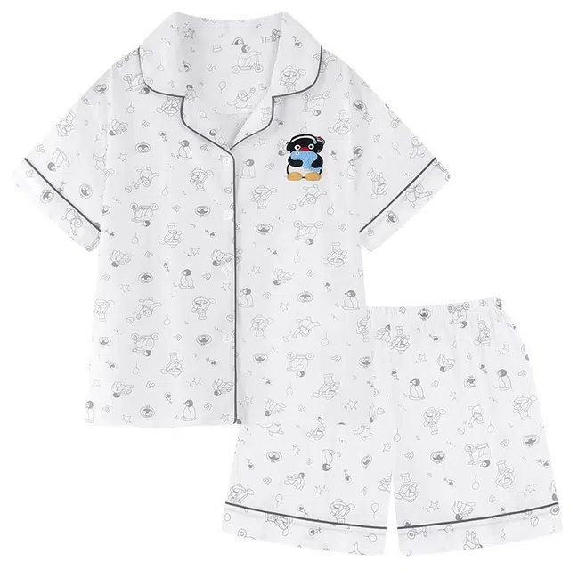 俏韵 翻领卡通企鹅短袖三分裤薄款可爱家居服可外穿夏季睡衣套装 女款