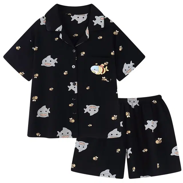 俏韵 翻领卡通蜜蜂鲨鱼家居服可外穿短袖三分裤睡衣套装 男女同款