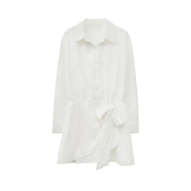 米米子 时尚别致蕾丝绑带修身收腰长袖连衣裙 女款