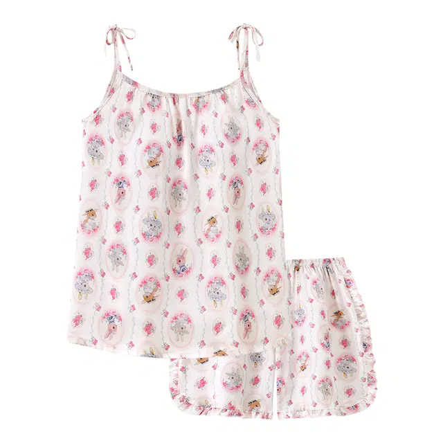 顶瓜瓜 带胸垫冰丝性感吊带短裤纯色蕾丝花边卡通兔子家居服睡衣套装 女款