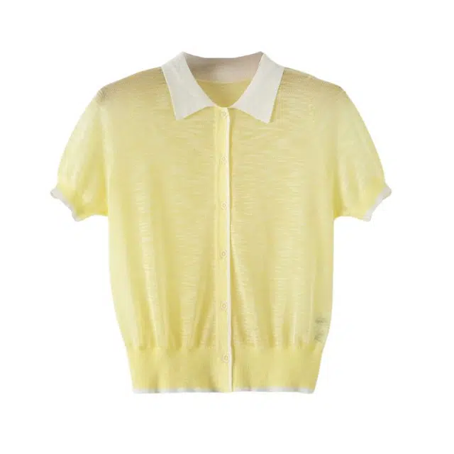 晚白 拼色翻领合身适中小个子短袖针织衫 女款