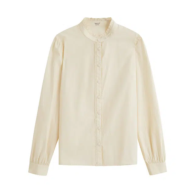 茵曼 棉绸法式立领花边通勤长袖衬衫 女款