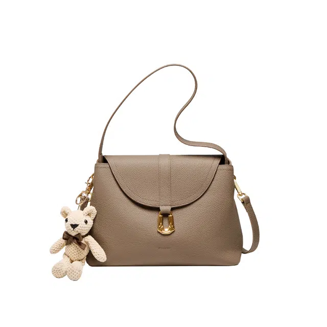 纳兰杜 通勤百搭时尚简约高颜值气质优雅经典设计可爱小熊吊饰实用 牛皮革 手提斜挎单肩包 女款 大象灰