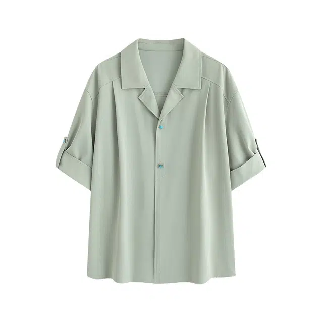 加荣 高级设计感翻领薄款透气潮流百搭绿松石扣设计穿搭垂感五分短袖衬衫 男女同款