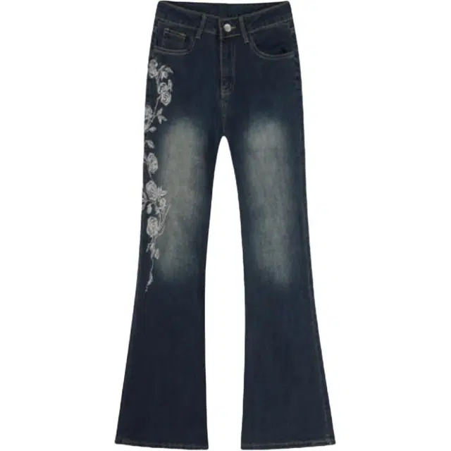 北极绒 大码美式复古设计感刺绣女时髦修身显瘦拖地裤牛仔裤 女款