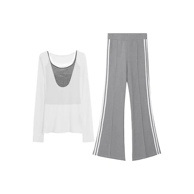 敲模女孩 韩系学院风条纹运动微喇长裤搭假两件吊带内搭宽松防晒罩衫休闲套装 女款