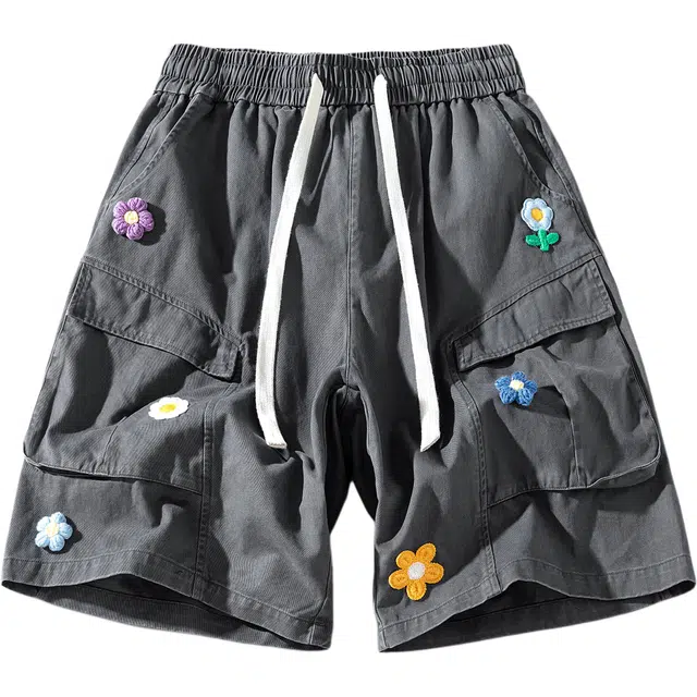 颂希尔 美式多口袋褶皱花朵刺绣工装五分裤潮牌复古水洗做旧户外宽松百搭牛仔短裤 男女同款
