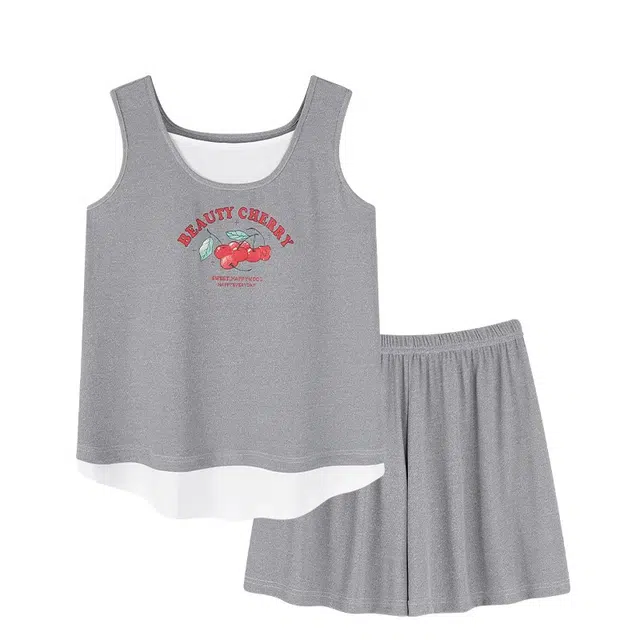 俏韵 圆领舒适带胸垫无袖短裤甜美简约薄款家居服可外穿夏季睡衣套装 女款