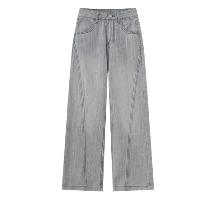 北极绒 小个子提花条纹微喇叭磨破显瘦设计感高腰百搭马蹄拖地裤牛仔裤 女款