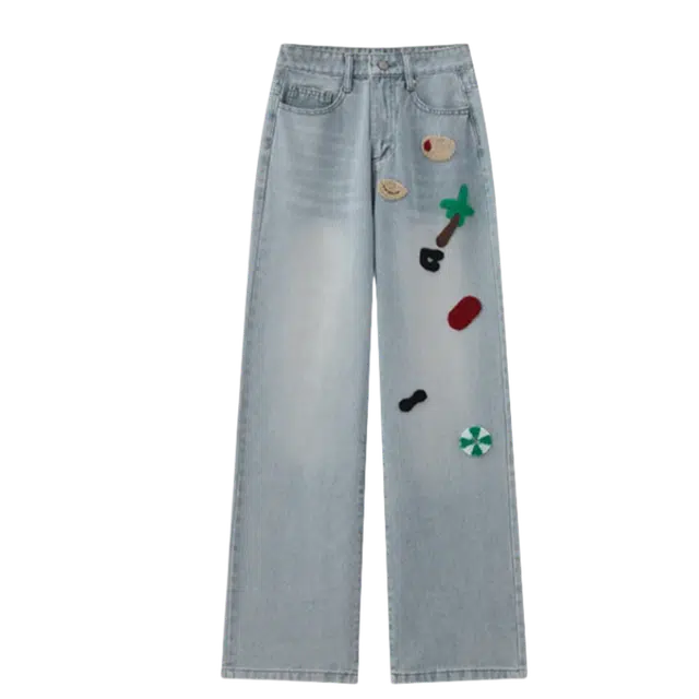 北极绒 美式设计感小众刺绣卡通图案高腰阔腿宽松百搭拖地浅蓝牛仔裤 女款
