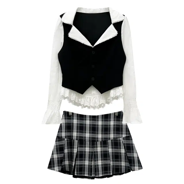 米米子 时尚气质假两件格子百褶裙裙装套装 女款