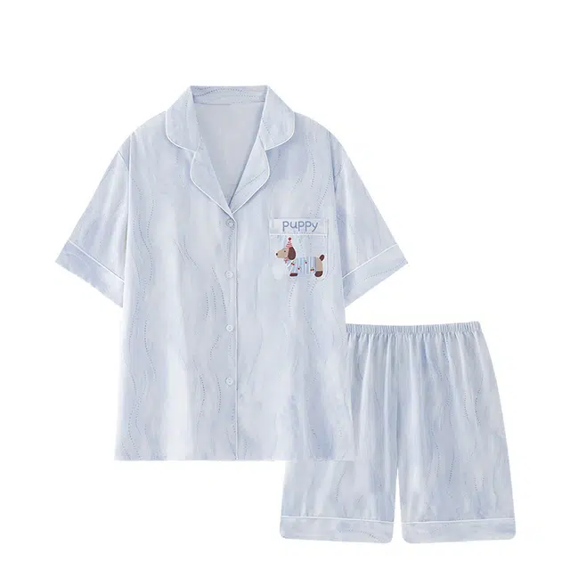 俏韵 翻领腊肠狗冰丝短袖三分裤卡通凉感家居服可外穿夏季睡衣套装 男女同款