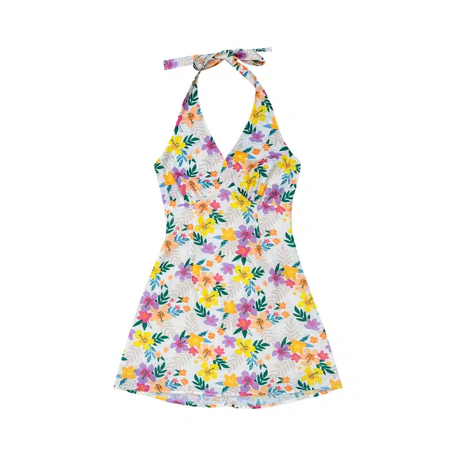 米米子 “盛夏恋歌”甜美别致时尚花朵挂脖无袖连衣裙 女款