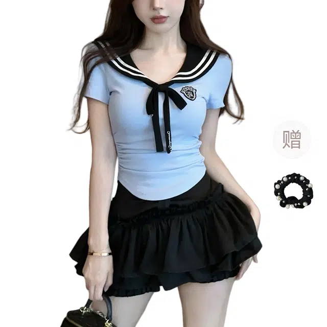 雾闪闪 学院风减龄海军领短袖上衣高腰显瘦百搭蛋糕短裙裙装套装 女款