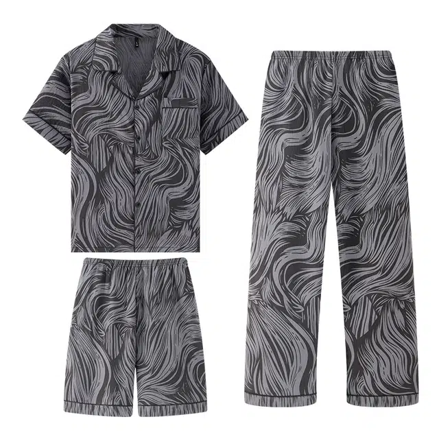 宫蝶 柔肤棉短袖三件家居服休闲宽松开衫薄款夏季睡衣套装 男款