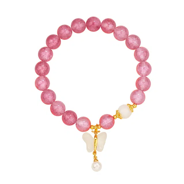 谧月珠宝 时来运转招桃花爱情串珠新中式古风汉服百搭串珠蝴蝶招财美梦成真 好运天然 草莓晶 手串 男女同款情侣款