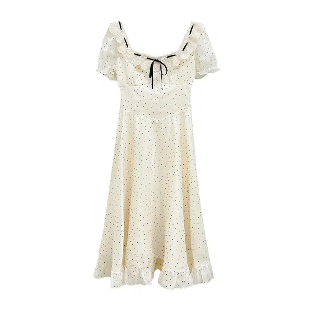 米米子 方领甜美套头蕾丝波点短袖连衣裙 女款