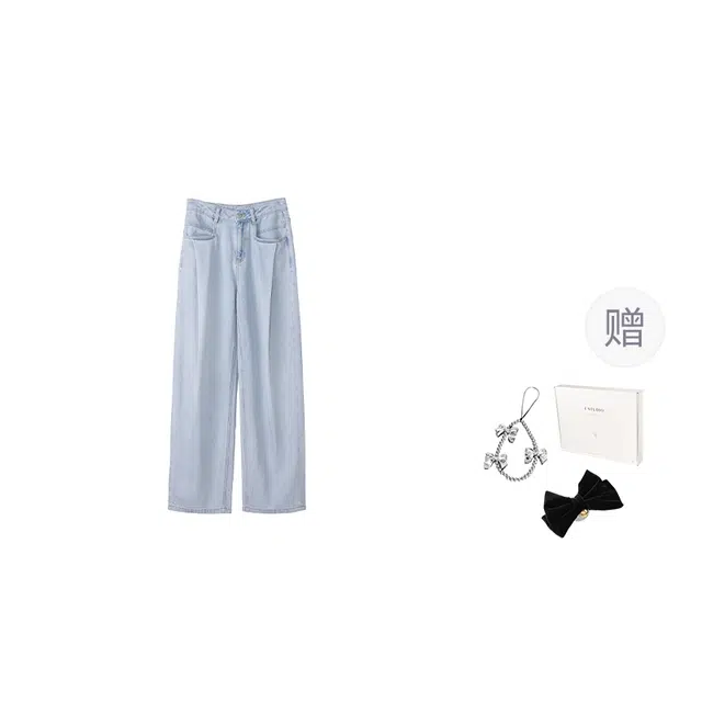 法儿家 松弛限定韩系小个子百搭弯刀直筒牛仔裤 女款