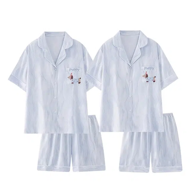 俏韵 翻领腊肠狗冰丝短袖三分裤卡通凉感家居服可外穿夏季睡衣套装 男女同款