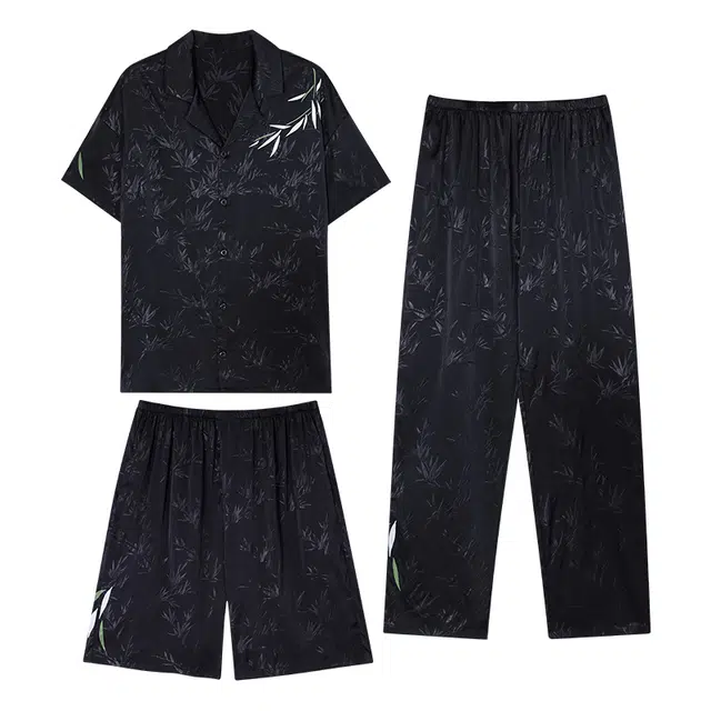 向薇 三件短袖长裤凉感冰丝开衫上衣居家服薄款夏季睡衣套装 男款