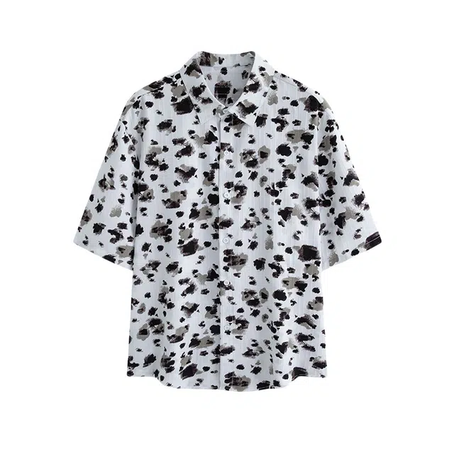 加荣 夏威夷度假沙滩薄款透气宽松暗条纹满印青少年潮流痞帅短袖衬衫 男女同款