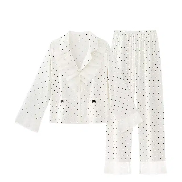 俏韵 翻领高级感薄款长袖甜美简约舒适家居服可外穿长裤春秋季睡衣套装 女款