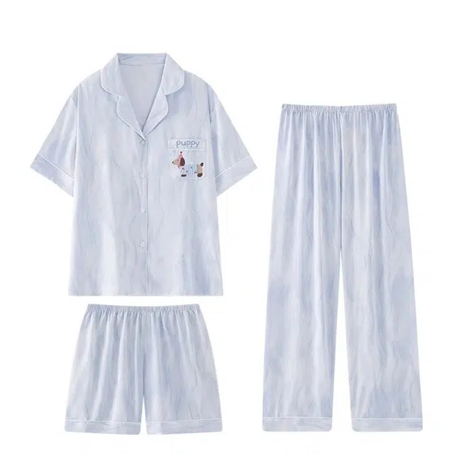 俏韵 翻领腊肠狗冰丝凉感薄款短袖家居服可外穿睡衣套装 女款