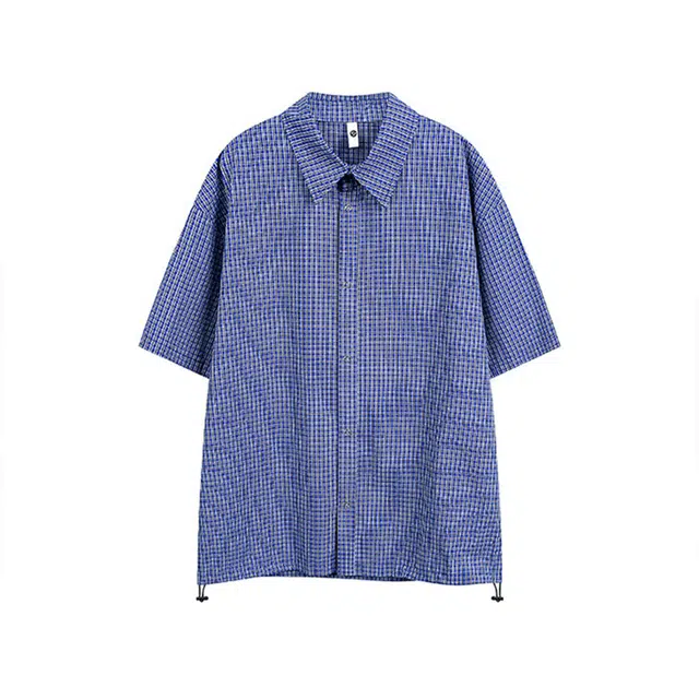 欧路得 美式蓝色格子男宽松复古设计感休闲衬衣短袖衬衫 男款