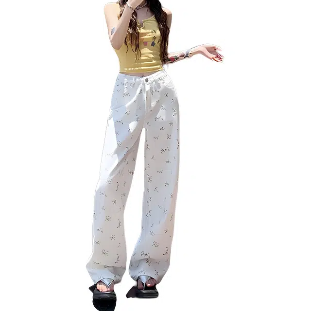 人本 韩系舒适轻盈甜美高腰垂感小碎花显瘦直筒宽松时尚牛仔裤 女款