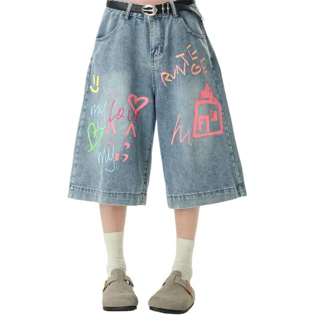 佐菲利 美式多巴胺涂鸦七分裤子潮牌卡通印花阔腿宽松休闲牛仔短裤 男女同款