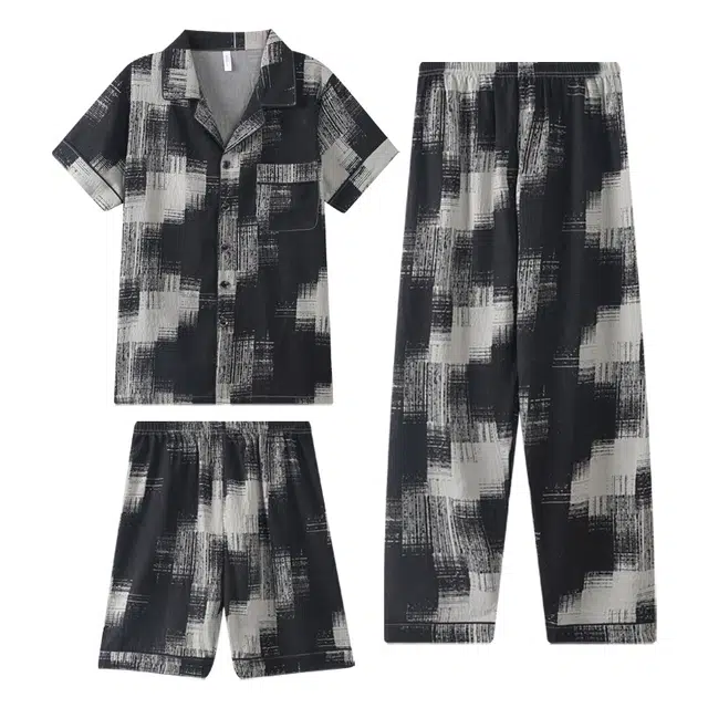 向薇 亲肤系列 短袖三件套薄款宽松家居服可外穿短裤长裤夏季睡衣套装 男款