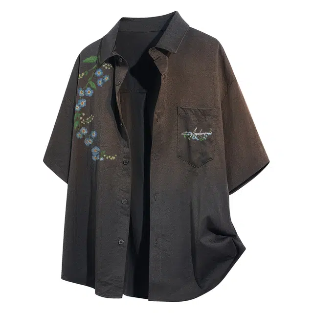 依文 美式复古学院风植物花卉图案花体字母印花纯色基础款户外简约潮流百搭休闲运动宽松舒适休闲短袖衬衫 男女同款