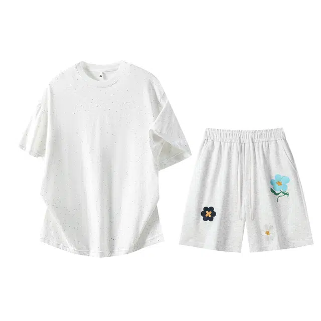 梓润格 夏季高颜值糖果彩点高街上衣短袖气质青春学生无性别主义美式潮流时尚独特艺术氛围感黑白底刺绣花朵短裤休闲运动套装 男女同款