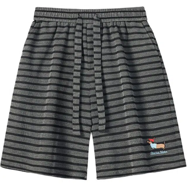 欧路得 美式黑白条纹腊肠狗刺绣潮垂感运动裤宽松五分裤休闲短裤 男款