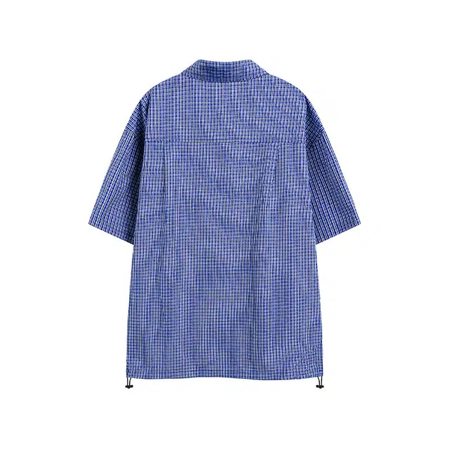 欧路得 美式蓝色格子男宽松复古设计感休闲衬衣短袖衬衫 男款