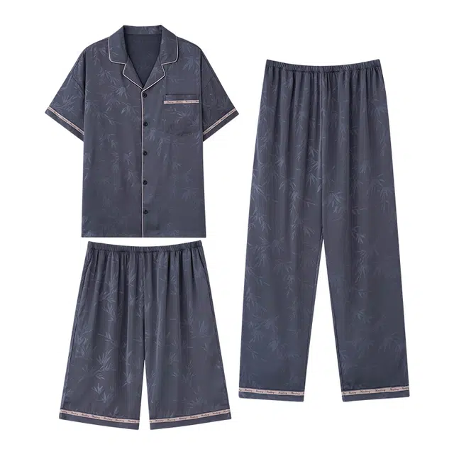 向薇 短裤长裤薄款三件套简约家居服睡衣套装 男款