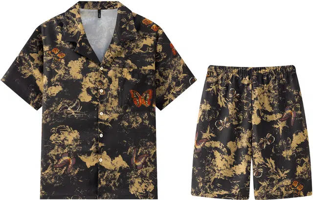 宫蝶 短袖冰丝家居服复古风满印休闲可外穿宽松开衫薄款夏季睡衣套装 男款