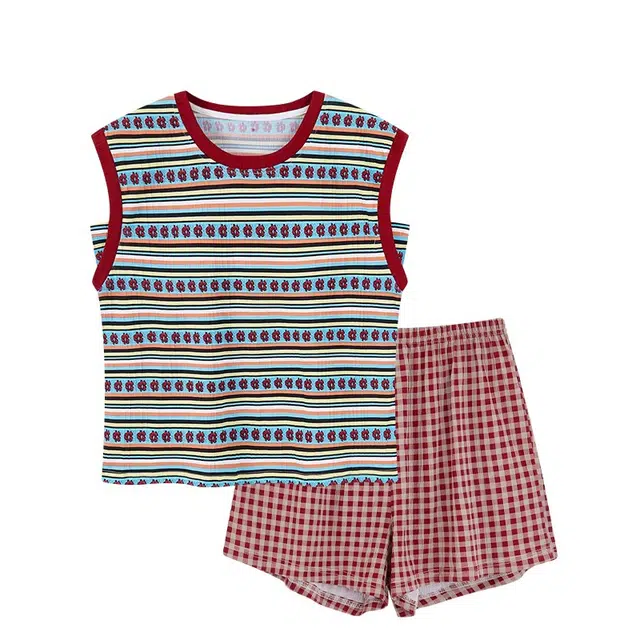 俏韵 圆领带胸垫无袖背心三分裤甜美简约风薄款家居服可外穿夏季睡衣套装 女款