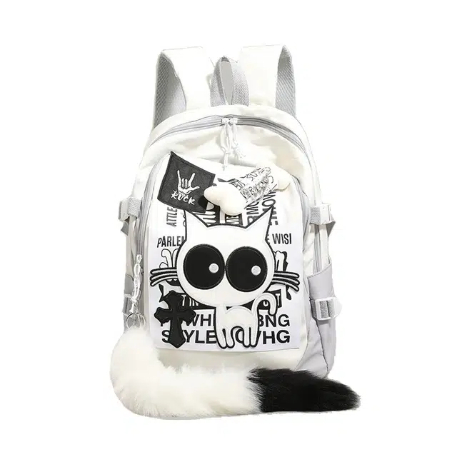 揽月 原宿复古美式小众设计猫咪甜酷风上课通勤 牛津布 背包双肩包电脑包书包 男女同款情侣款 白色/黑色/蓝色/黄色