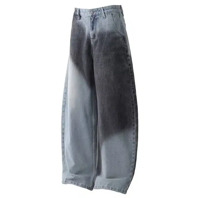 拾个壹先生 美式复古水洗做旧扎染设计感弯刀潮牌宽松休闲阔腿牛仔裤 男女同款