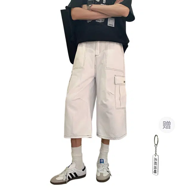 北欧攻略 美式复古多口袋明线工装直筒七分裤痞帅松弛少年感休闲短裤 男女同款