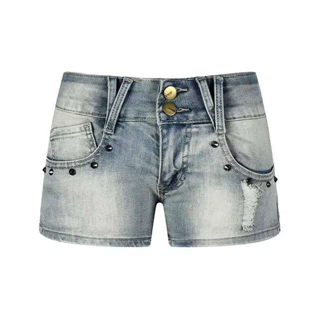 兰缪 性感辣妹低腰铆钉破洞美式高街风包臀热裤牛仔短裤 女款