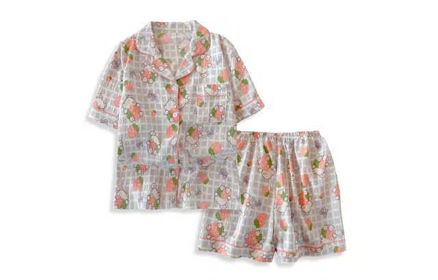 夏芬妍 柔软舒适格子草莓兔云朵棉翻领开衫家居服亲肤休闲短袖短裤休闲可外穿睡衣套装 女款