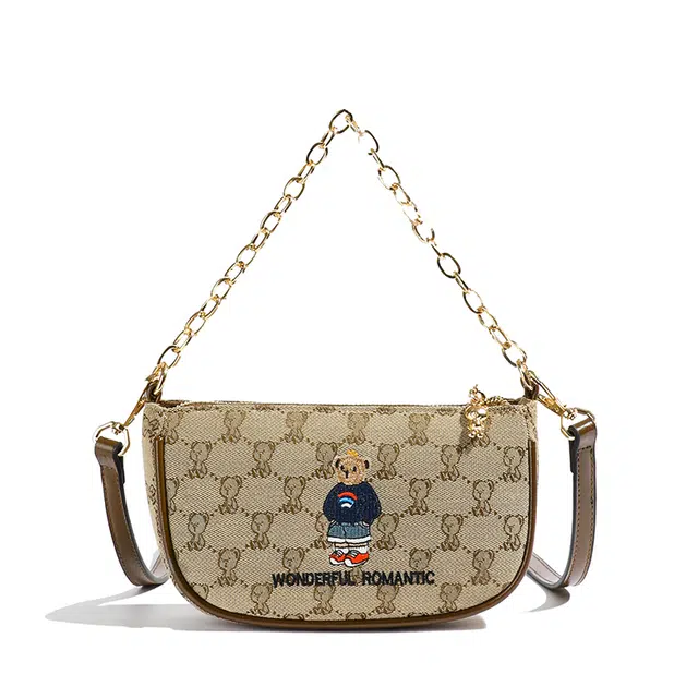 北包包 时尚小熊刺绣链条百搭洋气 布 单肩斜挎手提包 女款 卡其色/米白色